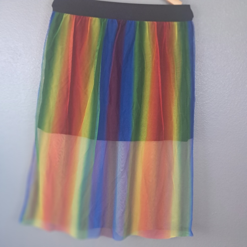 Rainbow Mesh Skirt Womens Small Y2K Indie Jewel-Tone Striped Midi Festival Wear - Picture 7 of 12